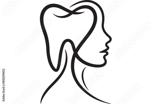 Elegant line art logo featuring a tooth and womans profile minimalist vector design for dental clinics and beauty salons isolated on white background