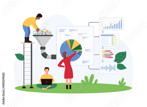Financial and marketing data analysis and classification, digital analytics. Tiny people work with information and big funnel, analyst sorting statistics flow with filter cartoon vector illustration