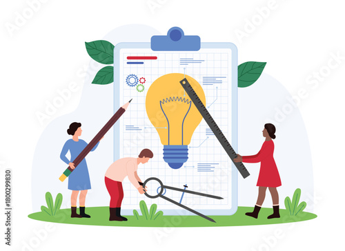 Innovation idea creation, teamwork on digital project design. Tiny people create bright light bulb pencil, compass and ruler, work with terms of reference on clipboard cartoon vector illustration