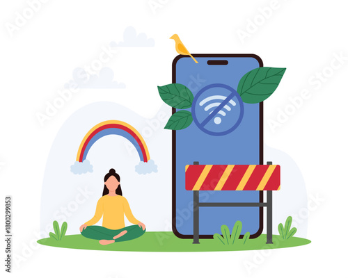 Digital detox, social media retreat and freedom from internet addiction. Tiny woman sitting in lotus pose with rainbow in thoughts, stop barrier, wifi disconnect on phone cartoon vector illustration