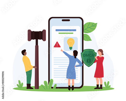 Intellectual property and authors rights infringement notification in mobile app. Tiny people holding DMCA shield and gavel near big smartphone with light bulb on screen cartoon vector illustration
