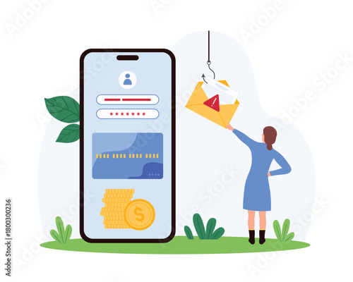 Financial awareness of phishing, theft of bank account.. Tiny woman holding email with warning sign on fishing hook, password and login with credit card on phone screen cartoon vector illustration