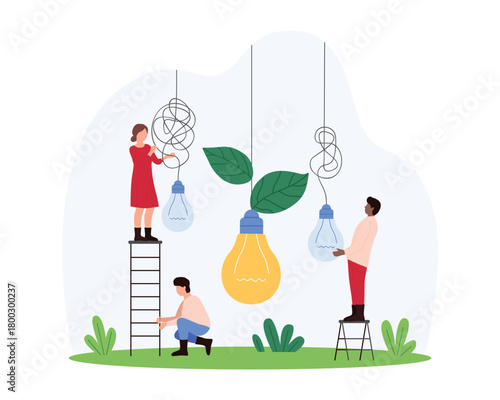 Clarity and simplification in solving problem, brainstorm process to simplify solution. Tiny people work with yellow hanging light bulb, holding dark lamps with knot chaos cartoon vector illustration