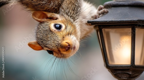 Squirrel hanging upside down from a lamp post with a blurred background outside