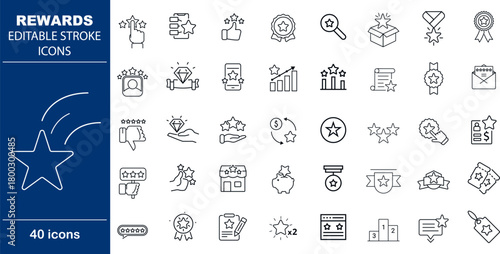 Rewards and Loyalty Program Vector Icons. Set of 40 line art symbols for customer retention, gamification, and incentives. Includes badges, trophies, and gift rewards