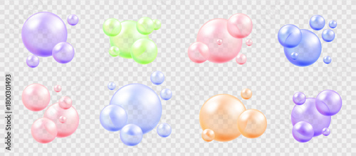 Pink collagen serum or soap bubbles, 3D realistic vector set. 