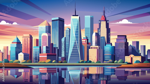Very beautiful panoramic composition showcasing the sweeping skyline of Lower Manhattan alongside New Jersey’s waterfront, highlighting modern towers, shimmering reflections, and a harmonious urban ho