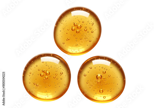 Three Golden Honey Drops Cosmetic Serum with Bubbles — isolated on tranparent background png

