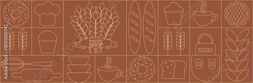 Bread and pastries background. Abstract bakery menu background with line drawing. Geometric pattern bread, croissant, donut. Bakery line pattern.