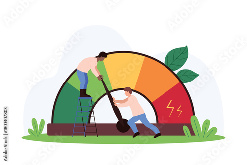 Stress overload, depression, anxiety and anger problem control. Tiny people manage arrow of stress level meter to reduce tension and pressure of pain, negative emotion cartoon vector illustration
