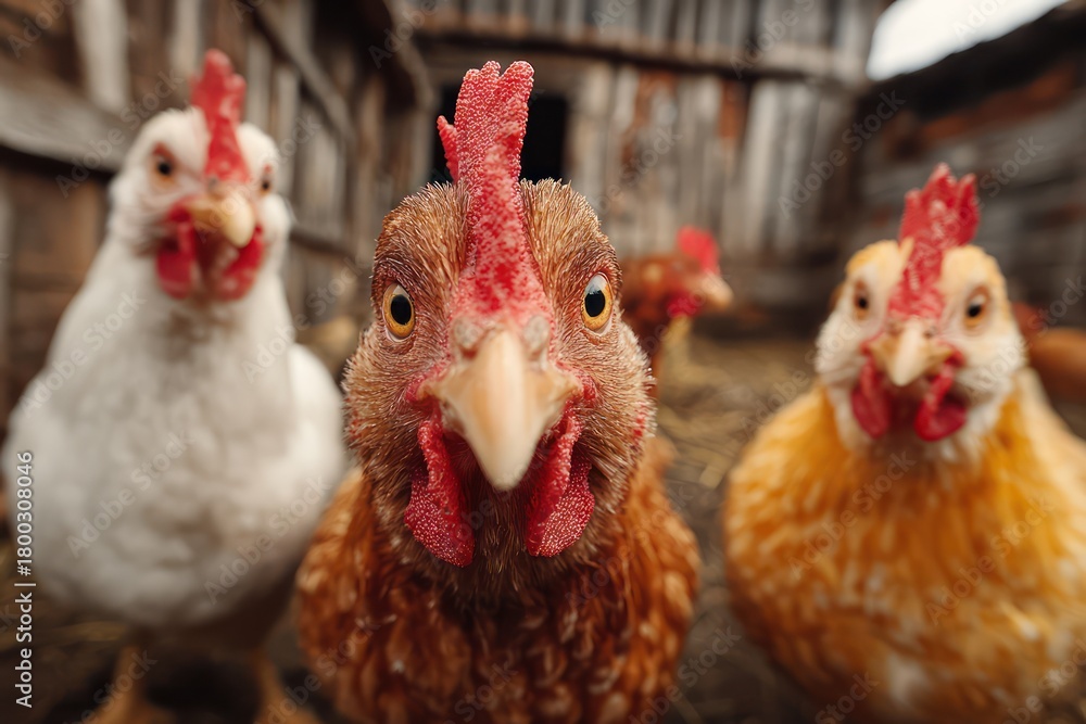 Naklejka premium Funny Chickens Closeup Portrait with Curious Expressions