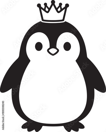 Cute cartoon emperor penguin wearing a crown, simplified graphic design illustration for children's books, royal animal character art.
