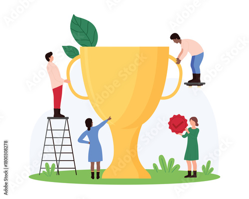 Golden cup, champions trophy for success victory in championship, tournament game or contest. Tiny people win gold goblet, celebrate luxury award of goal achievement cartoon vector illustration