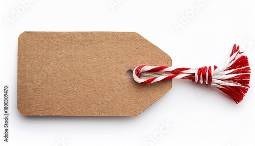 Craft Paper Tag With Red And White Jute Cord Isolated On Transparent Background