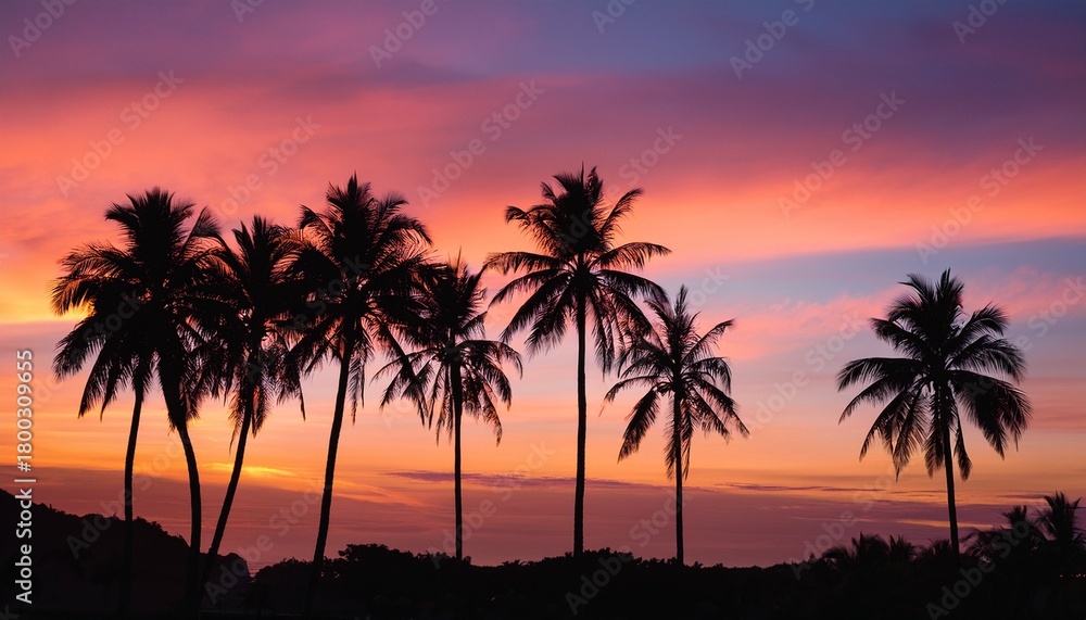 Obraz premium Vector Colorful Palm Tree Silhouettes At Sunset With Orange And Pink Gradient Sky