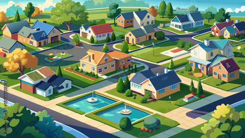 Very beautiful aerial depiction of a peaceful residential district in Sayreville, showing neatly arranged single-family homes, tree-lined streets, and a small reflective pond creating a calm suburban 