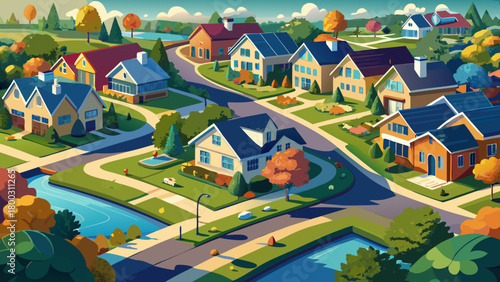 Very beautiful aerial depiction of a peaceful residential district in Sayreville, showing neatly arranged single-family homes, tree-lined streets, and a small reflective pond creating a calm suburban 