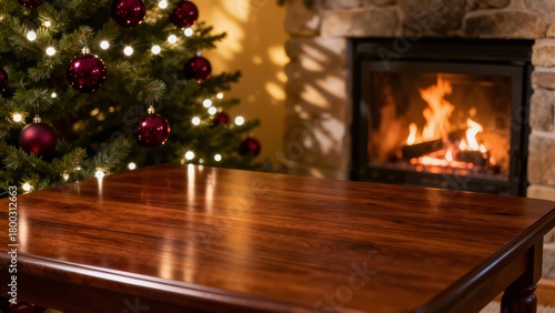 An empty lacquered mahogany table for displaying the product against a backdrop of a christmas tree, garlands, burgundy balls, and flames in the fireplace.