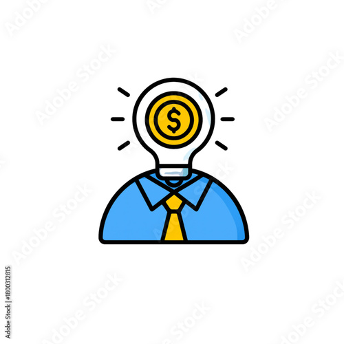 Brilliant business idea concept with lightbulb head and dollar sign, creative financial solutions, innovative thinking for monetary success