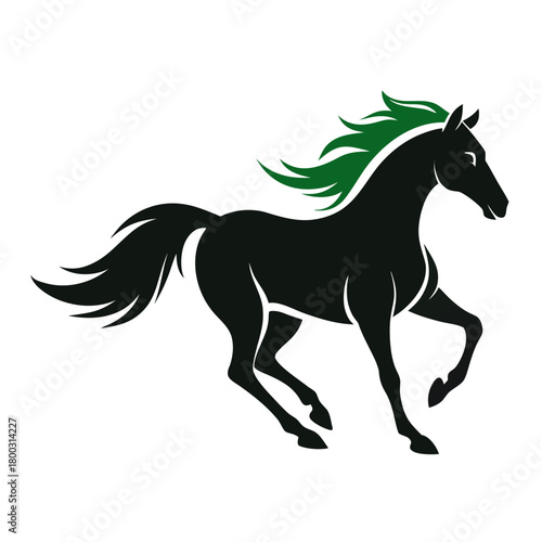 Running horse silhouette logo with green mane Vector