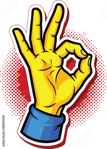 Pop art style ok hand gesture sticker symbolizing approval and success.
