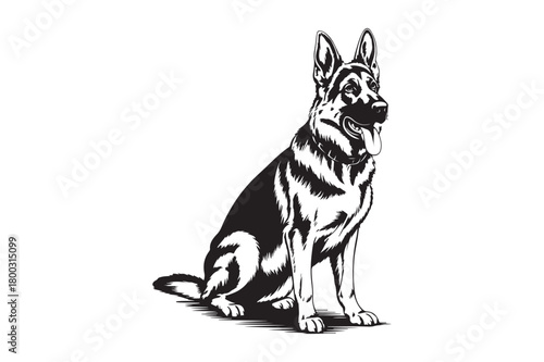 Alert german shepherd dog sitting in black and white illustration