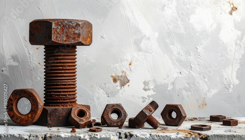 Close-up of weathered industrial fasteners, showcasing rust and metallic textures