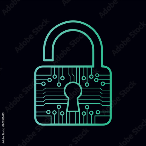 Neon green outline of an unlocked padlock with circuit board traces on a dark background. Symbolizes cybersecurity vulnerability, open access, security risk, or digital connection status.