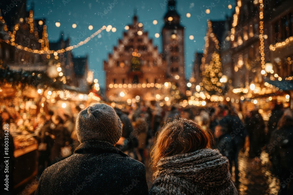 Obraz premium Festive Crowd at German Christmas Market with Warm Drinks