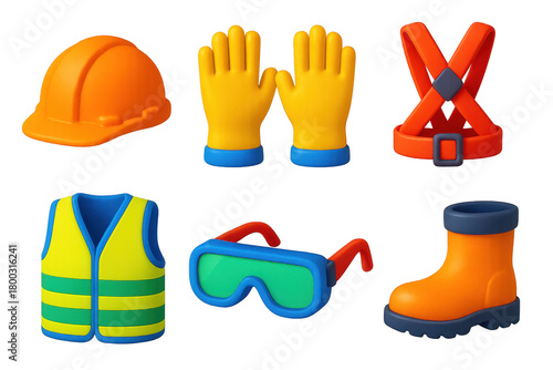 Vibrant Safety Gear Icons. 3D icon set of safety gear: helmets, gloves, harnesses, reflective vests, goggles, boots. A set of