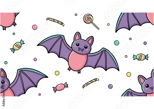 Cartoon bat character with a playful expression spreading its wings on a white background with copy space