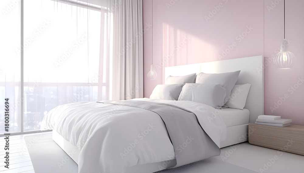 Fototapeta premium Sunlit bedroom features unmade white bed with pillows near sheer curtains. Soft light streams through window, creating peaceful