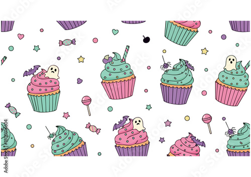 Cartoon cupcake with pink frosting and sprinkles on light blue background for dessert concept