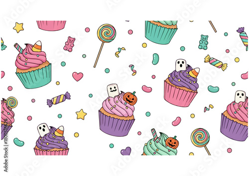 Cartoon cupcake with pink frosting and sprinkles on light blue background for dessert concept