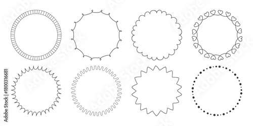 Circle hand drawn doodle frame set. Simple scribble wavy curly dotted jagged edge. Cute outline round shapes. Whimsical frames for card label sticker tag poster invitation