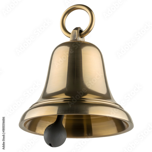 A close-up studio shot of a gold-colored brass bell with a black clapper, isolated on a black background.