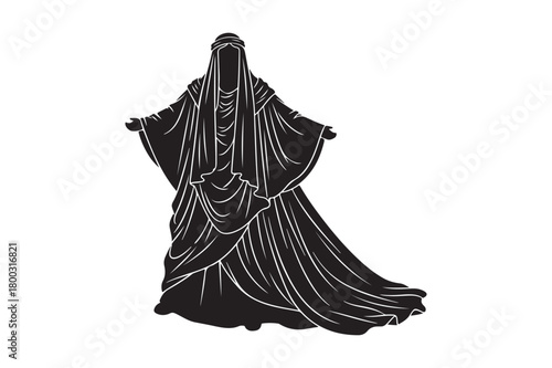 Dark hooded figure in flowing robes with outstretched arms
