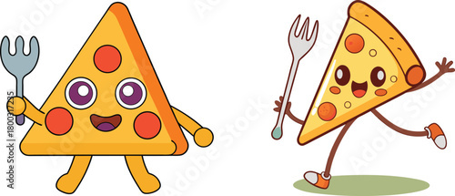 Happy cartoon pizza slices with cheerful expressions and pepperoni toppings, standing and walking, each holding a fork, symbolizing fun and delicious dining experiences for kids and families.