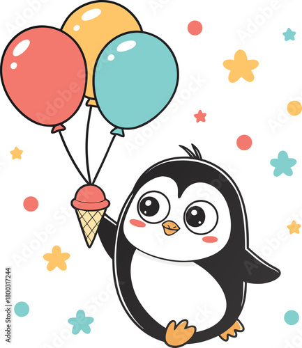 Adorable cartoon penguin character happily floating with a colorful bundle of festive helium balloons and an ice cream cone, a whimsical illustration perfect for children's designs, celebrations, and 
