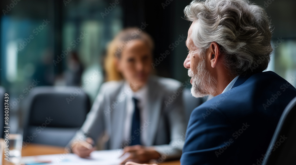 Fototapeta premium Different ages faceless employees at desk working together modern office collaboration project discussion professional partnership intergenerational teamwork corporate