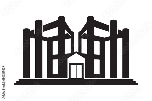 Abstract silhouette of a grand building with humanoid figures