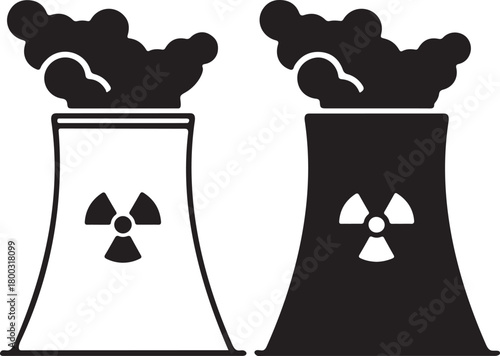 Nuclear cooling tower icons with radiation warning and industrial smoke, symbolizing energy, pollution, environmental concerns