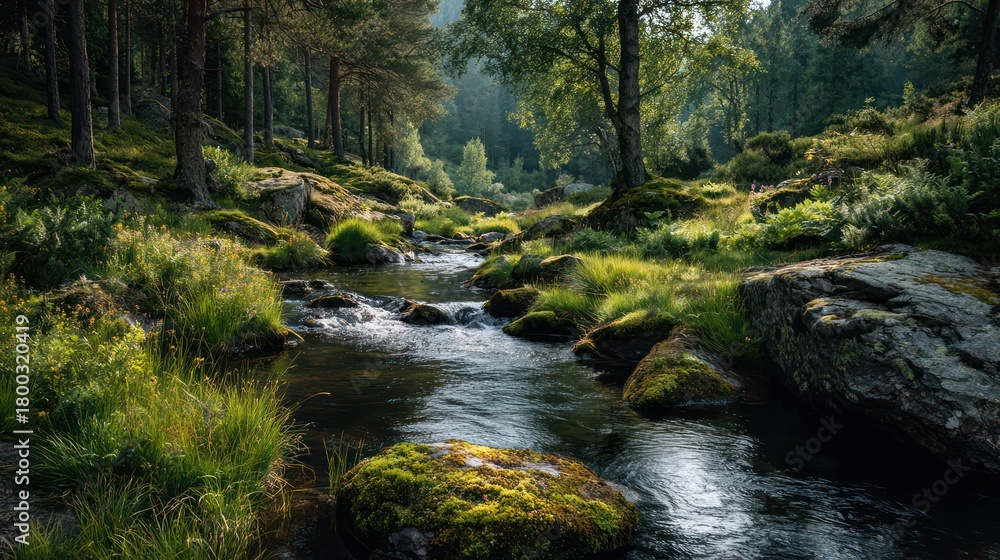 Obraz premium Quiet Forest Stream with Green Moss in Soft Morning Light