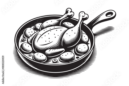 Rustic roasted chicken and potatoes in a skillet illustration
