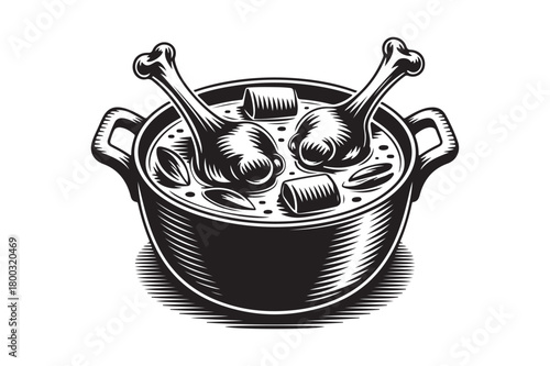 Rustic vintage illustration of a hearty stew in a pot