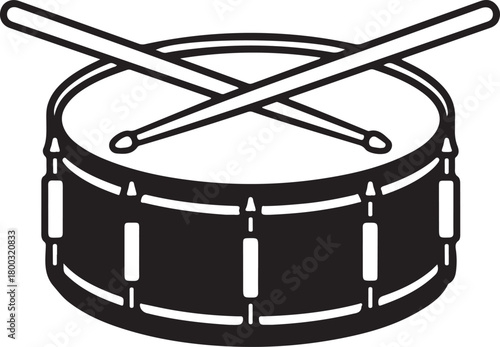 Snare drum with crossed drumsticks, a rhythmic percussion instrument used for music, bands, and sound production, isolated vector art illustration.