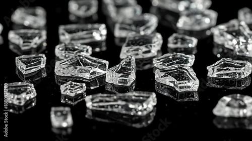 Shimmering Crystal Shards Scattered on Black Surface, Reflecting Light and Creating Abstract Patterns