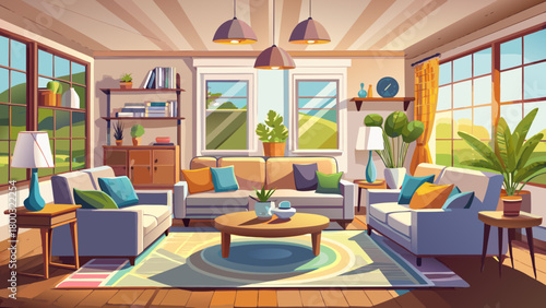 Very beautiful staged living room interior featuring a modern new-home layout, elegant furniture arrangement, large sunlit windows, soft neutral tones, cozy décor accents, and a warm, inviting atmosph