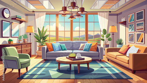 Very beautiful staged living room interior featuring a modern new-home layout, elegant furniture arrangement, large sunlit windows, soft neutral tones, cozy décor accents, and a warm, inviting atmosph