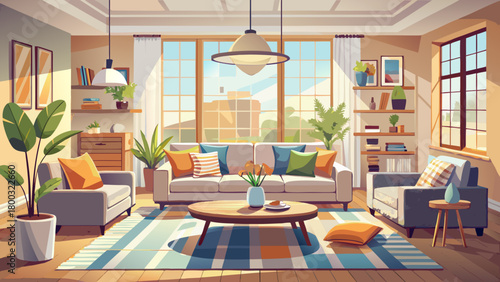 Very beautiful staged living room interior featuring a modern new-home layout, elegant furniture arrangement, large sunlit windows, soft neutral tones, cozy décor accents, and a warm, inviting atmosph